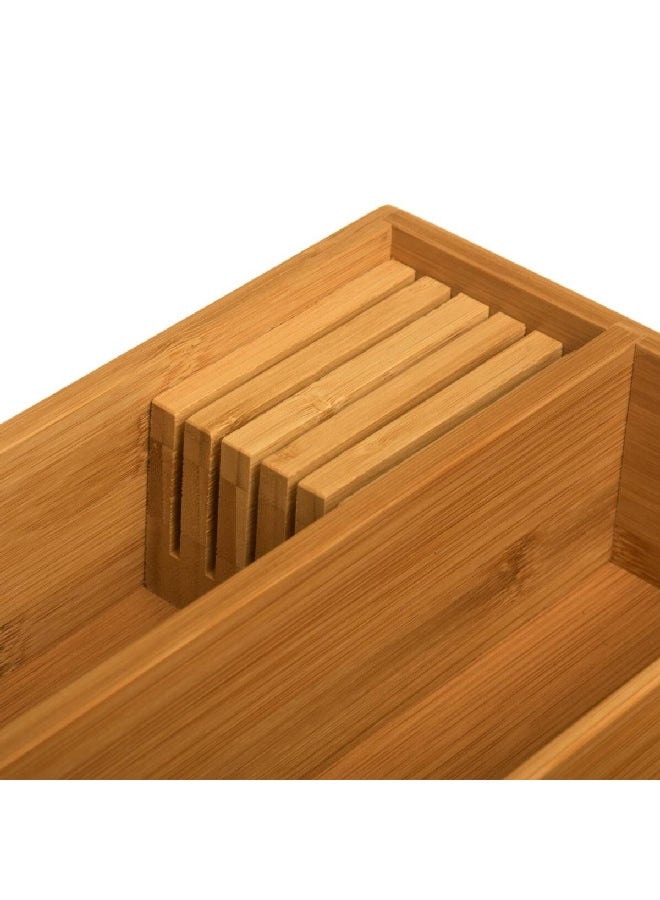 5 خمسة صينية تخزين أدوات مصنوعة من الخيزران مع 5 أقسام لتوفير المساحة وتنظيم الأدوات بلون بني بقياس 6.9 × 28 × 38 سم - Image 3