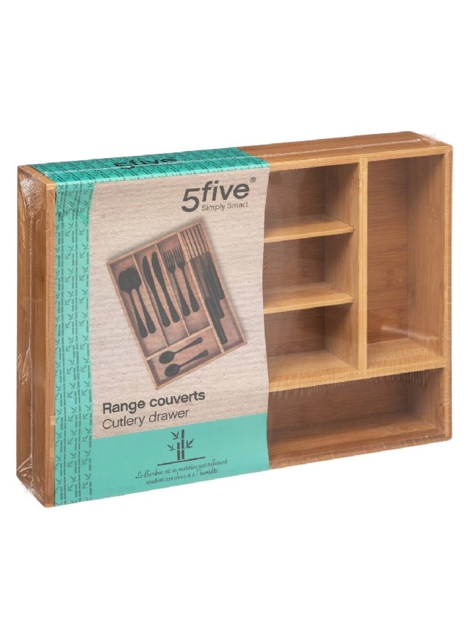 5 خمسة صينية تخزين أدوات مصنوعة من الخيزران مع 5 أقسام لتوفير المساحة وتنظيم الأدوات بلون بني بقياس 6.9 × 28 × 38 سم - Image 4