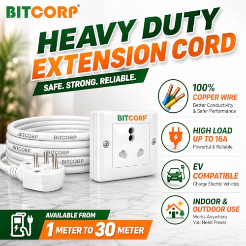 BITCORP 16A Power Extension Board with 1 Socket, 2500W, 20 Meter 1.5mm Electric Cord for Computer, Refrigerator, AC, TV, Home and Office Appliances - Image 2