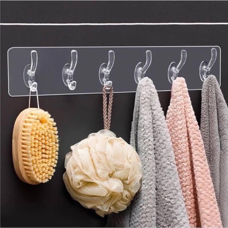 Genaric Happy Home Self Adhesive Wall Hanger Hooks, Transparent Plastic, 6 Hooks, Modern Style, Clear White, For Hanging Clothes, Towels, Keys, Bags & Household Items