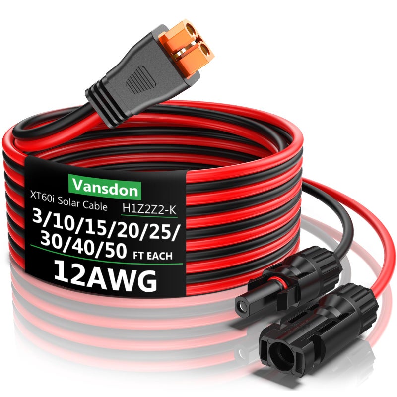 Vansdon Solar to XT60i Extension Cable 12AWG 20FT XT60i Female to Male Connector for RV Foldable Solar Panel Portable Power Station Solar Generator - Image 2