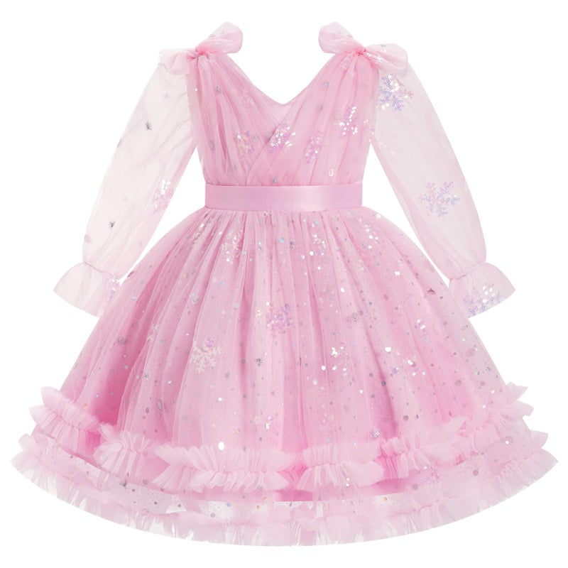 ODOLDI Toddler Kids Girls Spring Fall Long Puff Sleeve Floral Embroidery Ruffle Tulle Tutu Dress Wedding Party Cake Smash Pink Snowflake 4-5 Years - Image 1