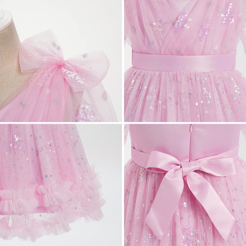 ODOLDI Toddler Kids Girls Spring Fall Long Puff Sleeve Floral Embroidery Ruffle Tulle Tutu Dress Wedding Party Cake Smash Pink Snowflake 4-5 Years - Image 5