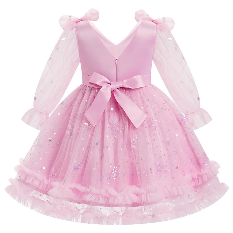 ODOLDI Toddler Kids Girls Spring Fall Long Puff Sleeve Floral Embroidery Ruffle Tulle Tutu Dress Wedding Party Cake Smash Pink Snowflake 4-5 Years - Image 3