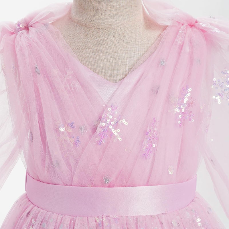 ODOLDI Toddler Kids Girls Spring Fall Long Puff Sleeve Floral Embroidery Ruffle Tulle Tutu Dress Wedding Party Cake Smash Pink Snowflake 4-5 Years - Image 2
