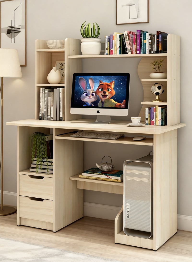 Computer Desk, Household PC Table, 110 * 45cm Wooden Desk with Drawers & Shelves for Working Study Writing and Reading, Simple Home Office Desk & Workstation for Bedroom (Maple,C-A612S) - Image 1
