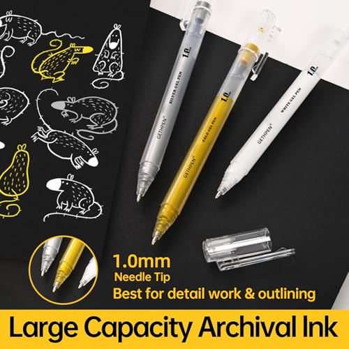 GETHPEN 3 Colors Gel Pen Set – White, Gold & Silver 1.0mm Fine Point Gel Ink Pens for Artists, Black Paper Drawing, Bullet Journaling & Holiday Crafts – Opaque Archival Ink, 3-Pack - Image 3