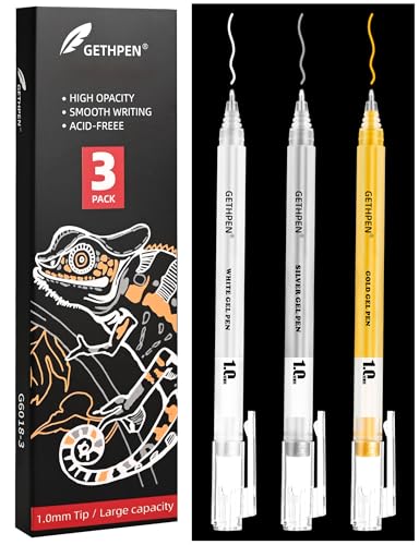 GETHPEN 3 Colors Gel Pen Set – White, Gold & Silver 1.0mm Fine Point Gel Ink Pens for Artists, Black Paper Drawing, Bullet Journaling & Holiday Crafts – Opaque Archival Ink, 3-Pack - Image 1