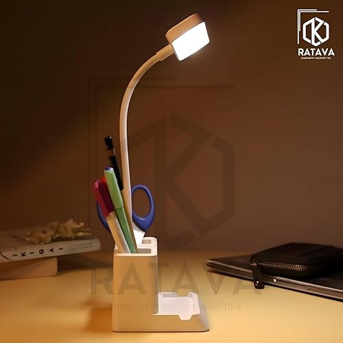 RATAVA Rechargeable 3-Color LED Desk Lamp with Phone Holder & Pen Stand – Adjustable Brightness Study Light for Students, Kids, Office – Touch Control, Eye Protection, Portable Desk Lighting (White) - Image 3