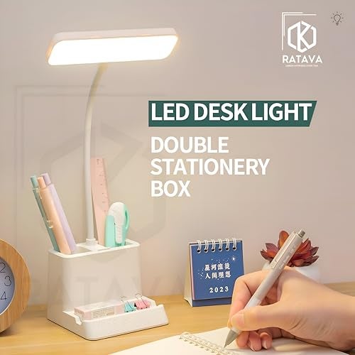RATAVA Rechargeable 3-Color LED Desk Lamp with Phone Holder & Pen Stand – Adjustable Brightness Study Light for Students, Kids, Office – Touch Control, Eye Protection, Portable Desk Lighting (White) - Image 5
