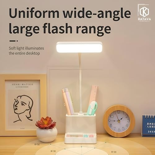 RATAVA Rechargeable 3-Color LED Desk Lamp with Phone Holder & Pen Stand – Adjustable Brightness Study Light for Students, Kids, Office – Touch Control, Eye Protection, Portable Desk Lighting (White) - Image 4