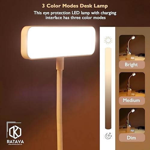 RATAVA Rechargeable 3-Color LED Desk Lamp with Phone Holder & Pen Stand – Adjustable Brightness Study Light for Students, Kids, Office – Touch Control, Eye Protection, Portable Desk Lighting (White) - Image 2