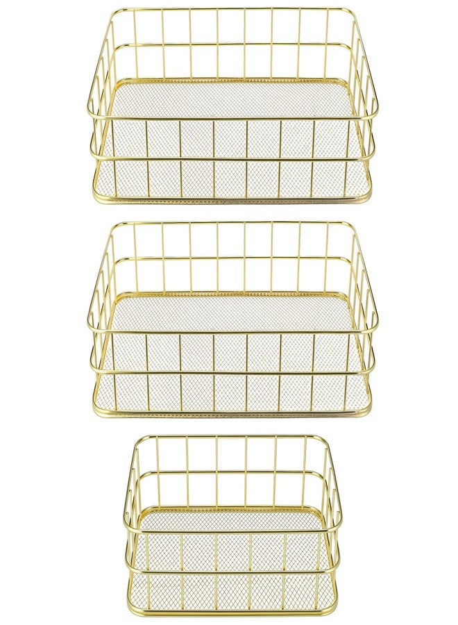 AojSup 3 Pcs Gold Wire Baskets Set - Gold Baskets for Decor with 2 Large & 1 Small Metal Mesh Organizers for Home Office Desk Bathroom Storage (9.6x6.5x2.5 inch & 6.7x4.7x2.4 inch) - Image 1