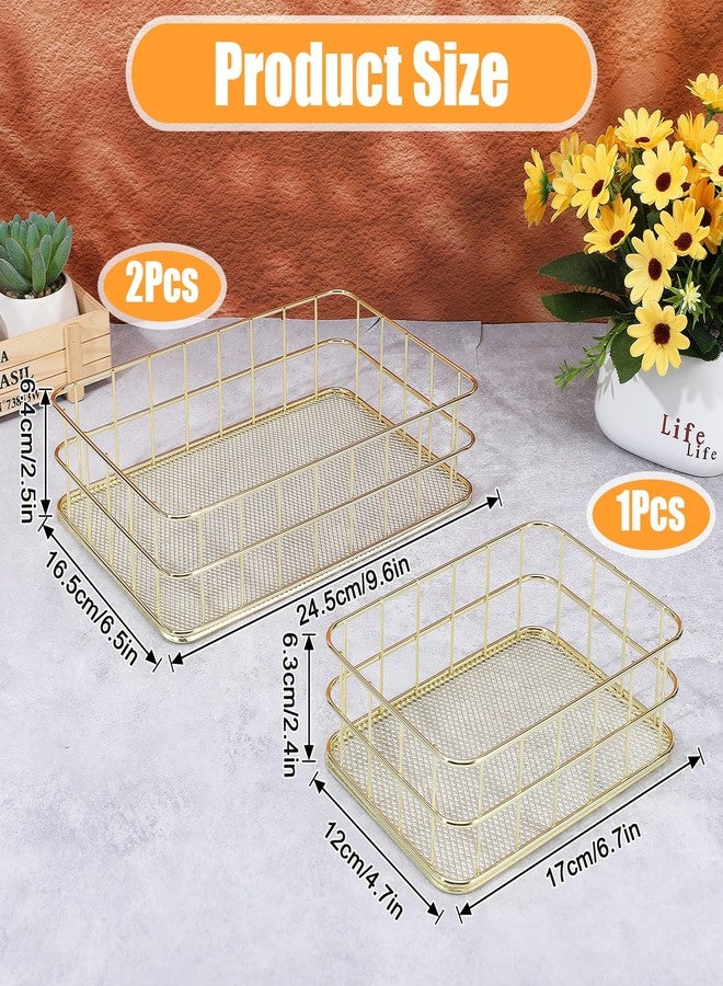 AojSup 3 Pcs Gold Wire Baskets Set - Gold Baskets for Decor with 2 Large & 1 Small Metal Mesh Organizers for Home Office Desk Bathroom Storage (9.6x6.5x2.5 inch & 6.7x4.7x2.4 inch) - Image 2
