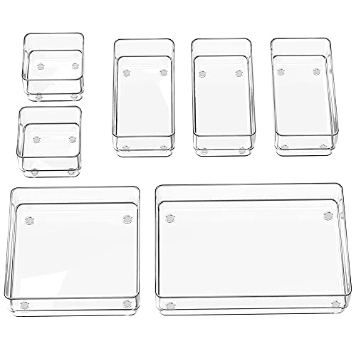 SMARTAKE 7Piece Drawer Organizer with NonSlip Silicone Pads 4Size Desk Drawer Organizer Trays Storage Tray for Makeup Jewelries Utensils in Bedroom Dresser Office and Kitchen Clear