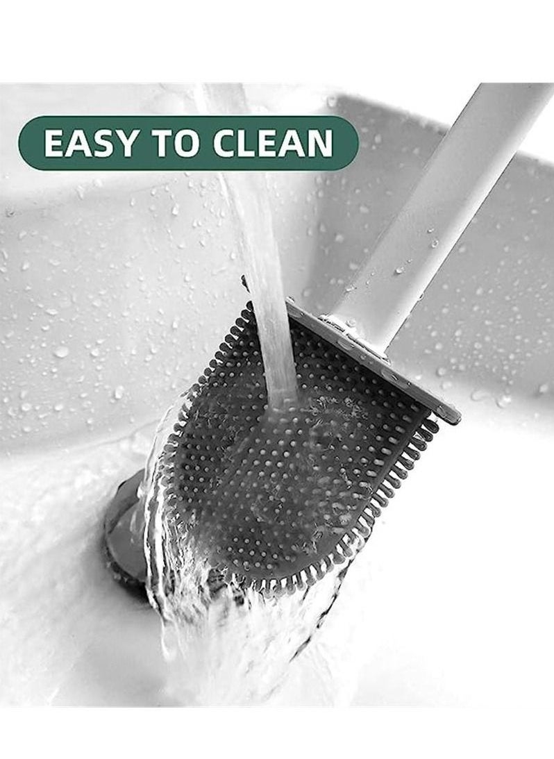 Soft rubber toilet bowl brush and bracket set with non-slip long plastic handle with floor stand, bendable brush head, easy to clean the corners of the toilet, easy to install - white