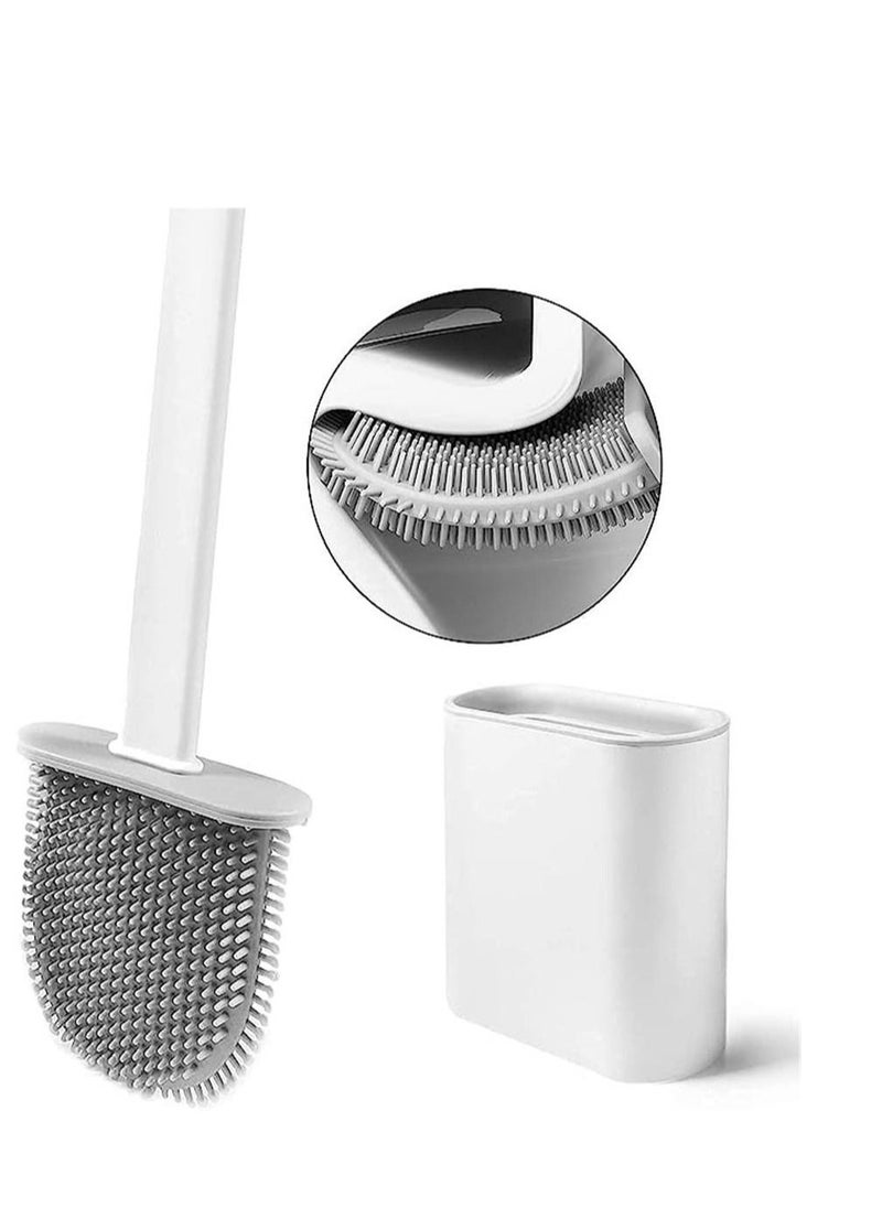 Soft rubber toilet bowl brush and bracket set with non-slip long plastic handle with floor stand, bendable brush head, easy to clean the corners of the toilet, easy to install - white