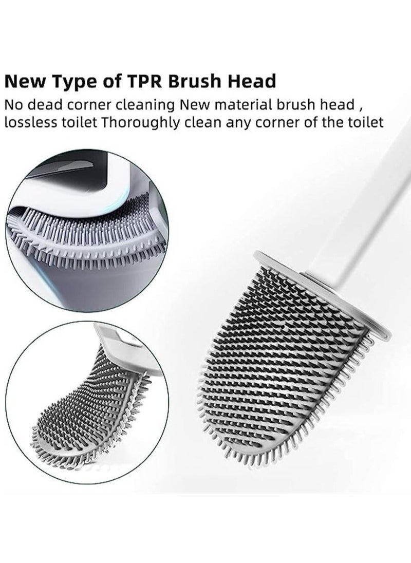 Soft rubber toilet bowl brush and bracket set with non-slip long plastic handle with floor stand, bendable brush head, easy to clean the corners of the toilet, easy to install - white