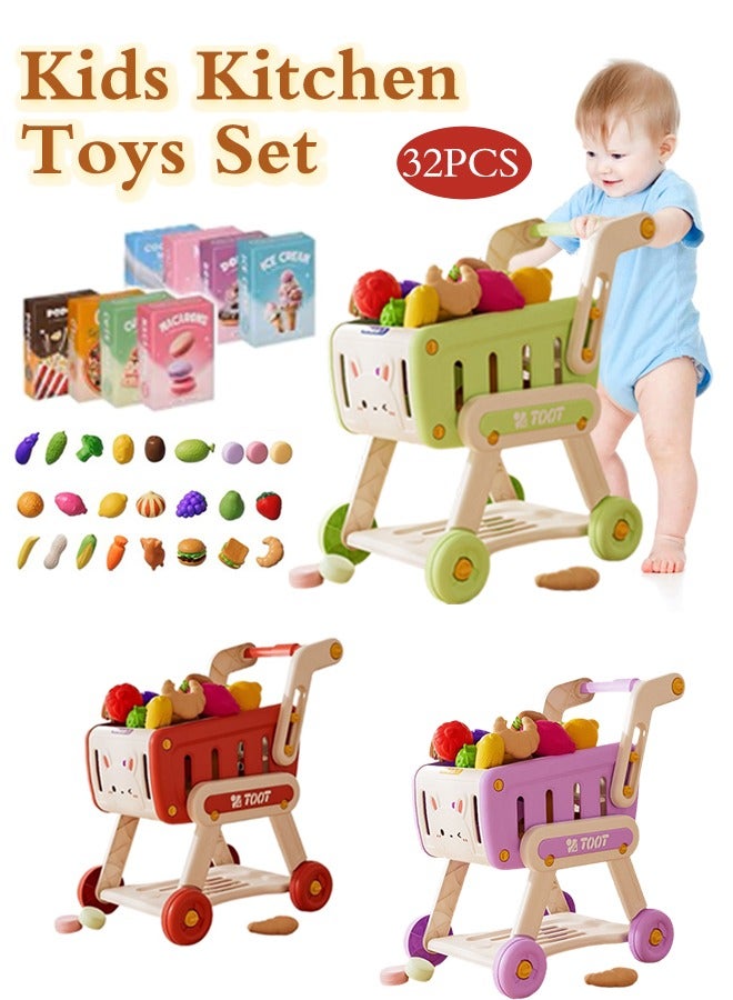 Kids Shopping Cart,Kids Kitchen Toys Set - 33 PCS Durable Pretend Play Kitchen Toys for Toddler,Play House Kitchen Toys For Kids,With fruit and vegetable and snack box,Shopping Cart Toy for Girls Bo - Image 1