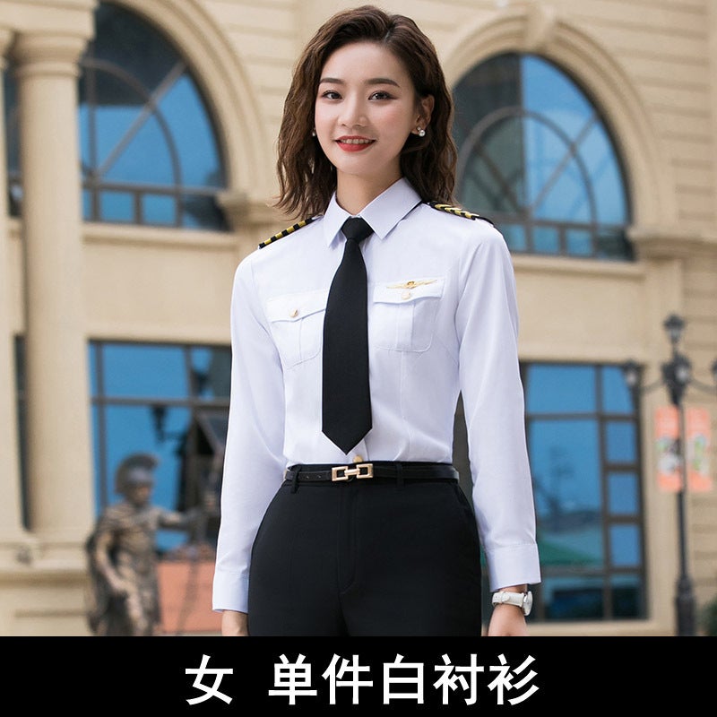 Pilot Long Sleeve Shirt Unisex Uniform Flight Attendant Female [single white shirt]]