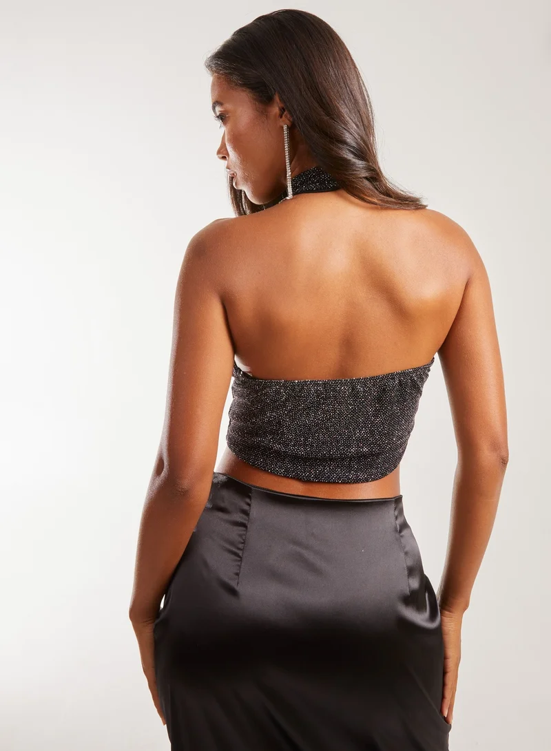 Pink Vanilla High Neck Low Back Glitter Top