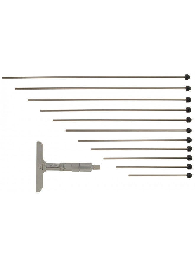 Mitutoyo 129-150 Vernier Depth Gauge, Interchangeable Rods, Micrometer Type, 0-12" Range, 0.001" Graduation, +/-0.00024" Accuracy, 2.5" x 0.63" Base, 12 Rods