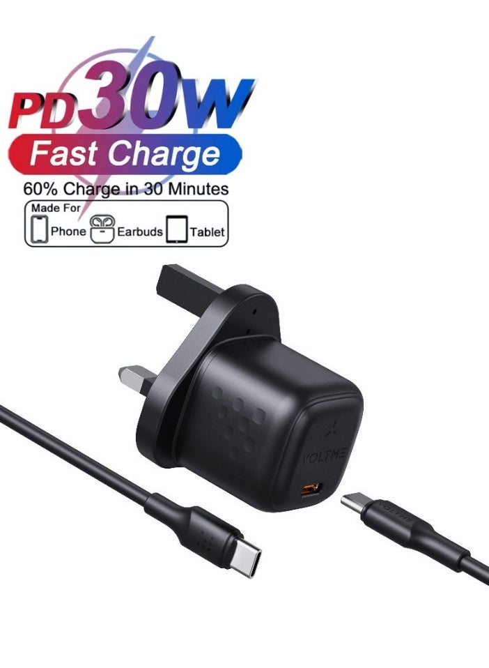 VOLTME 30W GaN Fast Wall Charger with USB C Port and 1.2m Type C to Type C Cable (3A) - Supports PD 3.0, QC 4.0, and PPS for Ultra-Fast Charging - Compatible with iPhone Air, iPhone 17/17 Pro/17 Pro Max, 16/15/14/13/12, iPad Pro/Air, MacBook Air, Samsung Galaxy S25/S24/S23, Google Pixel 9/8/7, Nintendo Switch, and More - Safe, Durable, and Perfect for Travel - Black - Image 1