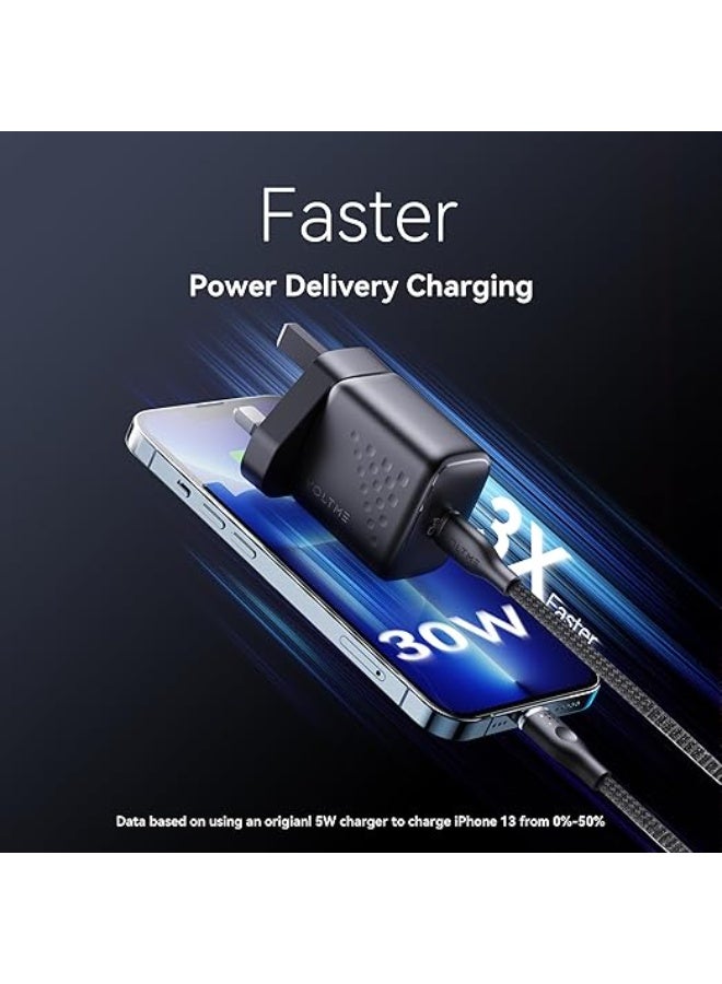 VOLTME 30W GaN Fast Wall Charger with USB C Port and 1.2m Type C to Type C Cable (3A) - Supports PD 3.0, QC 4.0, and PPS for Ultra-Fast Charging - Compatible with iPhone Air, iPhone 17/17 Pro/17 Pro Max, 16/15/14/13/12, iPad Pro/Air, MacBook Air, Samsung Galaxy S25/S24/S23, Google Pixel 9/8/7, Nintendo Switch, and More - Safe, Durable, and Perfect for Travel - Black - Image 2
