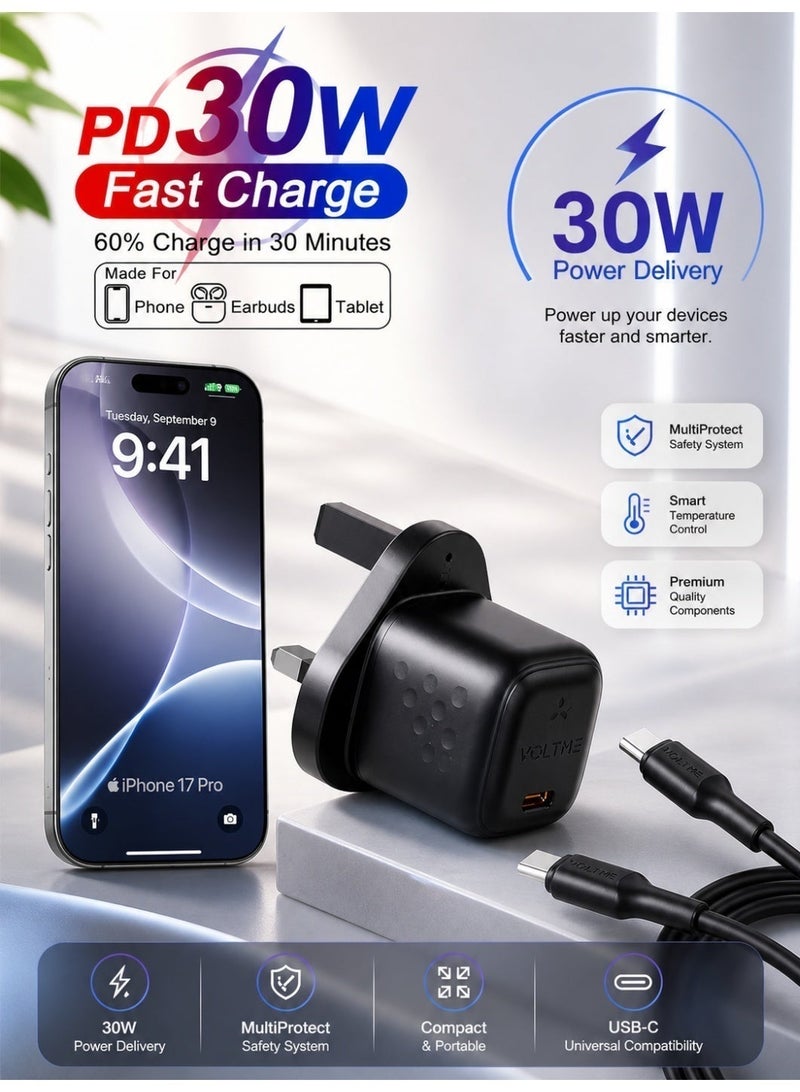 VOLTME 30W GaN USB-C Fast Charger with 1.2m Type-C Cable 60W, PD 3.0 & PPS Wall Adapter, Compact USB-C Fast Charging Plug for iPhone Air, iPhone 17/17 Pro/17 Pro Max, 16/16 Pro, 15/15 Pro, 14/14 Pro, 13/12 Series, iPad, MacBook Air/Pro, AirPods, Samsung Galaxy S26/S25/S24/S23/S22 Ultra, Google Pixel 9/8/7, Xiaomi 15/14/13/12, OnePlus 12/11, Honor and More, Black - Image 2