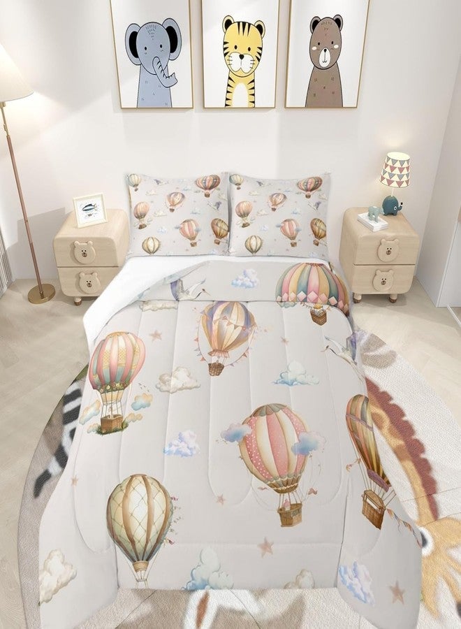 Man Fei Manfei Hot Air Balloon Kids Comforter Set Twin Size,Cloud Starry Sky Cartoon Balloons Bedding Set,Boys Girls Room Decor,White Crane Bird Animal Down Comforter,Beige Duvet Insert,1 Pillowcase - Image 1