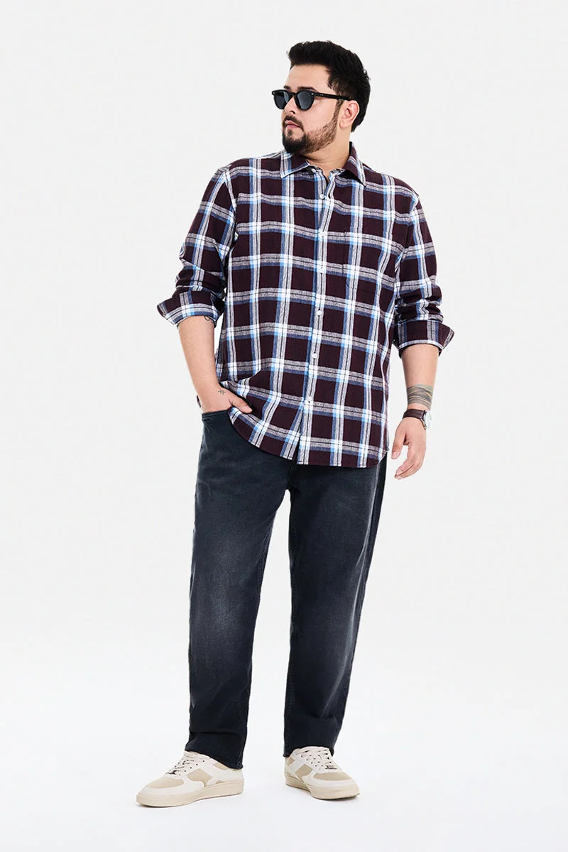 SNITCH Burgundy Checkered Long Sleeve Regular Fit Casual Plus Size Shirt