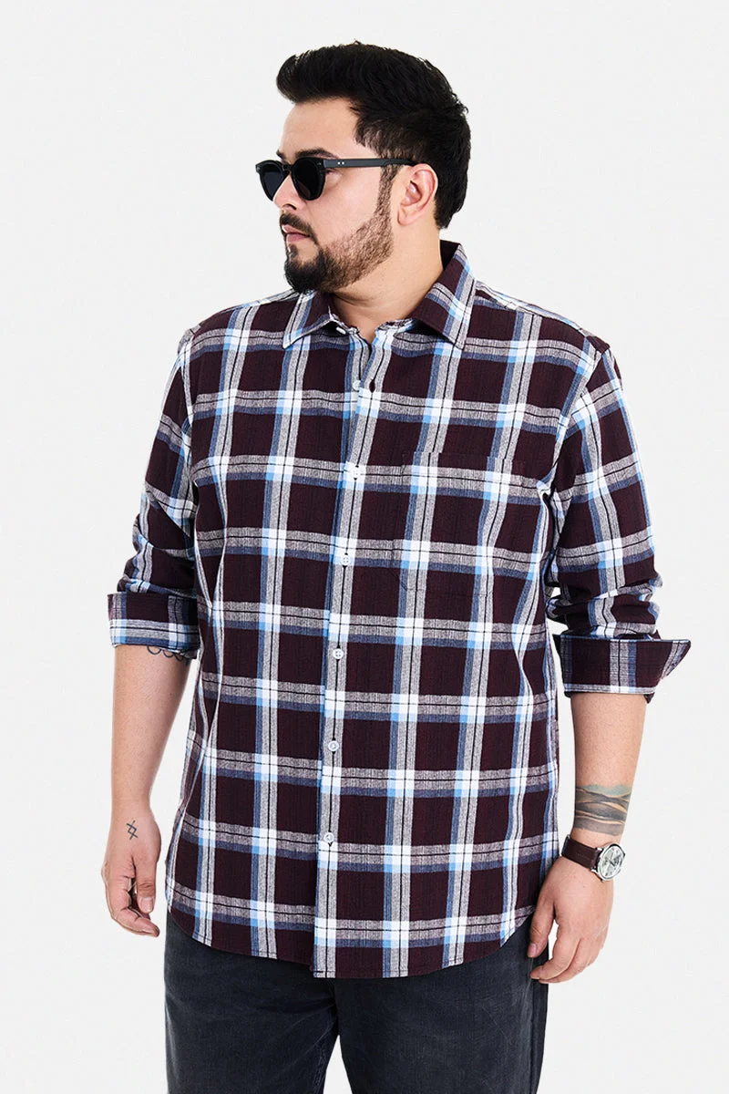 SNITCH Burgundy Checkered Long Sleeve Regular Fit Casual Plus Size Shirt