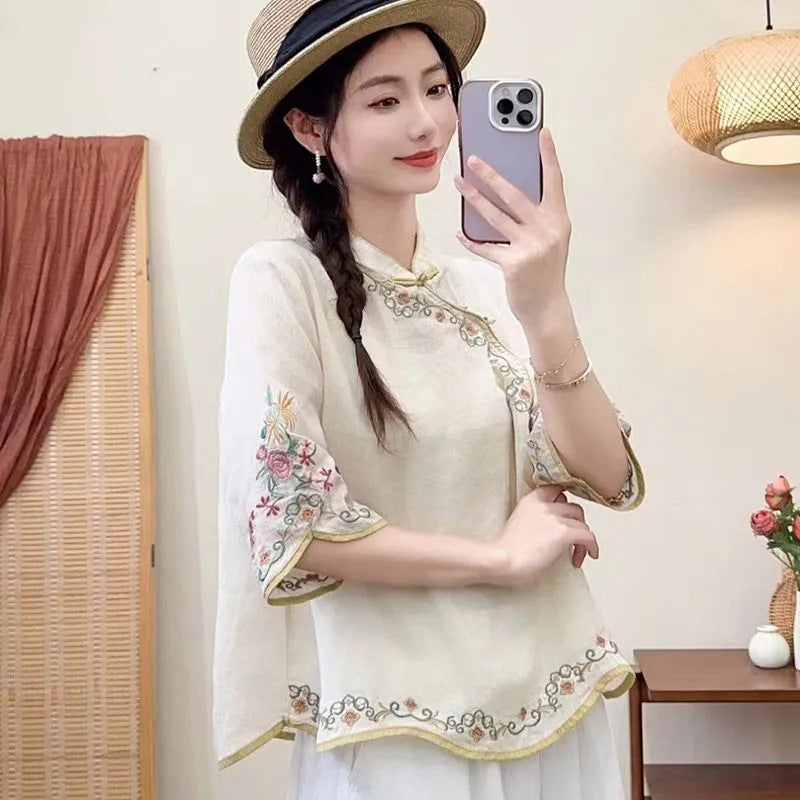 Womens Clothing Chinese Embroidered Cotton and Linen Artistic Retro Style Top with Buckle for Summer and Autumn New Style Oblique Placket Tea Clothes plus size Shirt N#A33 off-white shirt