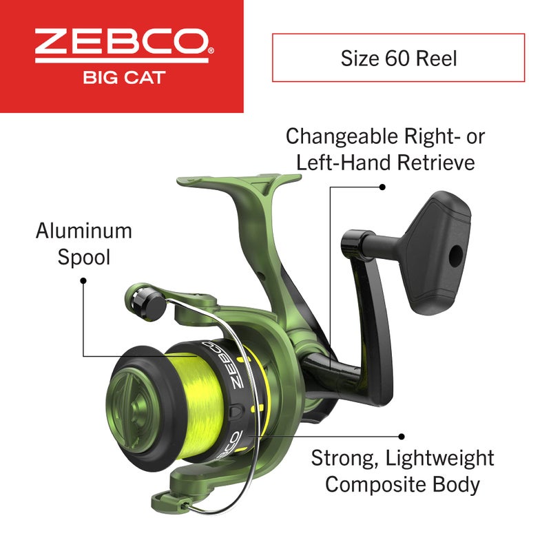 Zebco زيبكو بيج كات سبينينج ريل و كومبو صنارة صيد الأسماك, 7 قدم 2-قطعة عمود صيد, مكدس سحب متعدد الطبقات, معبأ مسبقاً بخيط زيبكو هاي-فيس 25 باوند, بكرات مقاس 60, أخضر غابي - Image 3