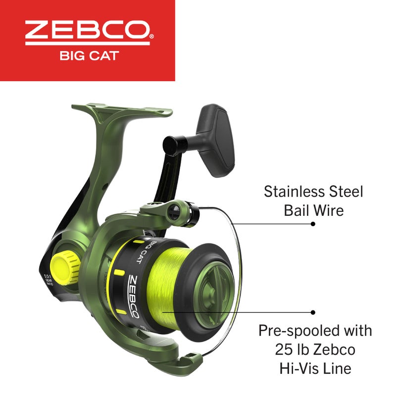 Zebco زيبكو بيج كات سبينينج ريل و كومبو صنارة صيد الأسماك, 7 قدم 2-قطعة عمود صيد, مكدس سحب متعدد الطبقات, معبأ مسبقاً بخيط زيبكو هاي-فيس 25 باوند, بكرات مقاس 60, أخضر غابي - Image 5