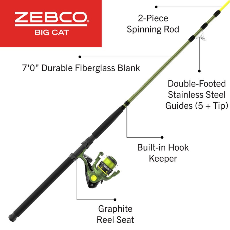 Zebco زيبكو بيج كات سبينينج ريل و كومبو صنارة صيد الأسماك, 7 قدم 2-قطعة عمود صيد, مكدس سحب متعدد الطبقات, معبأ مسبقاً بخيط زيبكو هاي-فيس 25 باوند, بكرات مقاس 60, أخضر غابي - Image 2