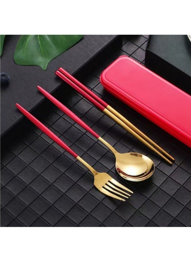 4-Piece Stainless Steel Portable Cutlery Set Chopsticks Spoon Fork Set With Box Red - Image 1