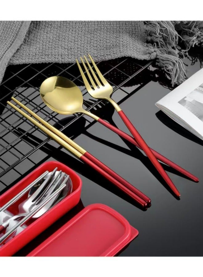4-Piece Stainless Steel Portable Cutlery Set Chopsticks Spoon Fork Set With Box Red - Image 2