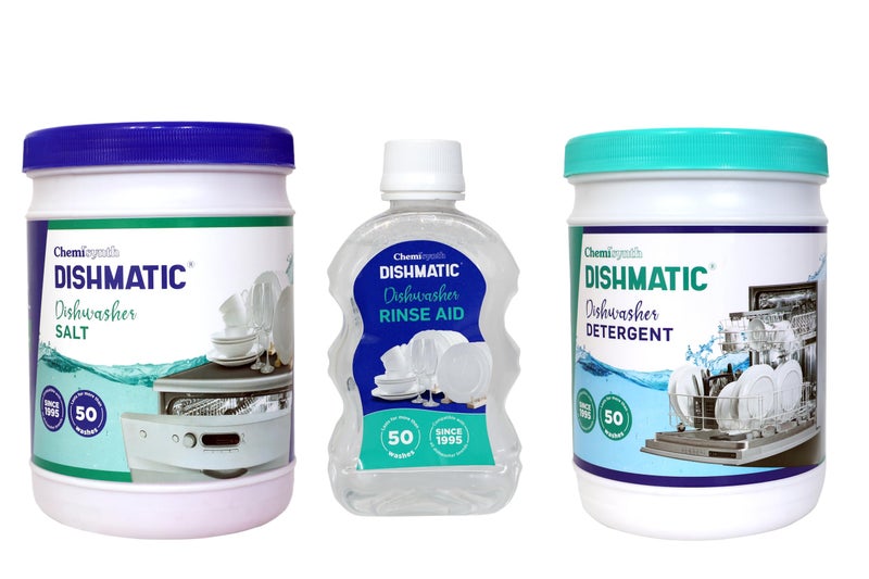 Dishmatic Dishwasher Detergent, Salt and Rinse Aid (1 kg * 1kg * 250 ML) | Automatic Dishwashing Powder & Liquid Combo Pack | Compatible with All Dish Washer Machine - Image 1