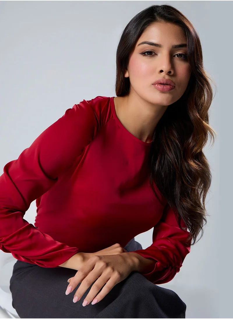 Zigzag Long Sleeve Gathered Satin Red Top
