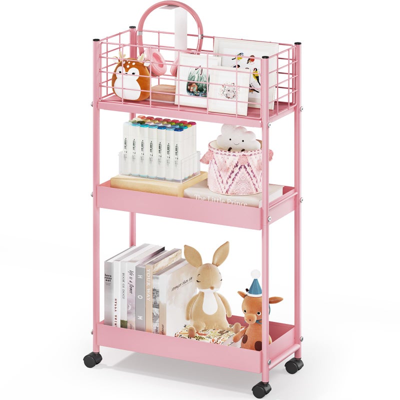 KINGRACK 3Tier Rolling Utility Cart with Wheels Metal Slim Storage Cart Bathroom Multifunctional Storage Organizer Mobile Shelving Unit for Kitchen Office Laundry Room Narrow Place Pink