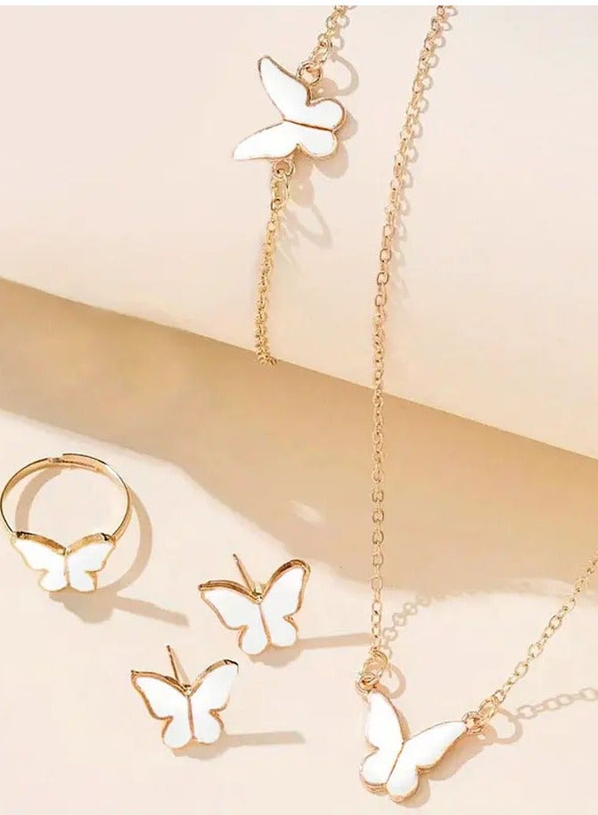 مجموعة اكسسوارات نسائية مكونة من قلادة وسوارة واقراط و وخاتم بتصميم فراشة - Image 3