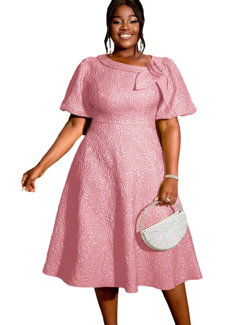 AOMEI Women's Pink Irregular Neck with Flower Short Puff Sleeve High Waist A-Line Jacquard Dress (4XL,4X) - Image 1