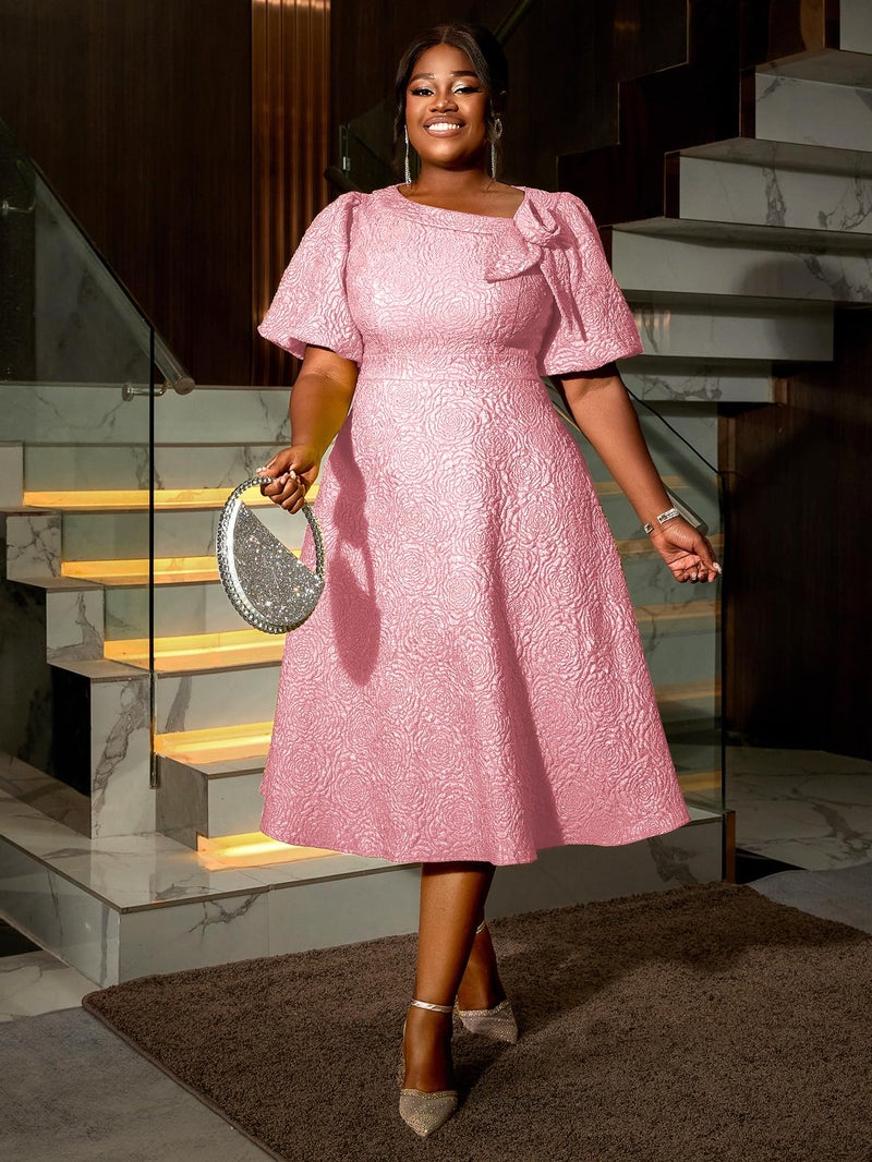 AOMEI Women's Pink Irregular Neck with Flower Short Puff Sleeve High Waist A-Line Jacquard Dress (4XL,4X) - Image 4