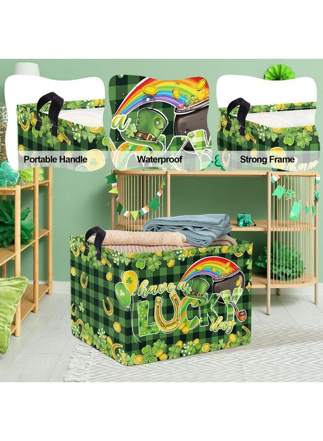 Clastyle Lucky Clovers Saint Patrick's Day Baby Gift Basket Collapsible Rectangle Gold Coin Kid Toy Storage Box Rainbow Plaid Clothes Book Shelf Basket, 36L Green - Image 4