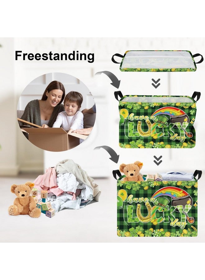 Clastyle Lucky Clovers Saint Patrick's Day Baby Gift Basket Collapsible Rectangle Gold Coin Kid Toy Storage Box Rainbow Plaid Clothes Book Shelf Basket, 36L Green - Image 3