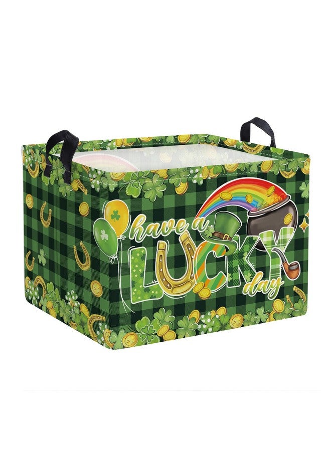 Clastyle Lucky Clovers Saint Patrick's Day Baby Gift Basket Collapsible Rectangle Gold Coin Kid Toy Storage Box Rainbow Plaid Clothes Book Shelf Basket, 36L Green - Image 1