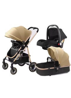 DEHKAH A luxurious, multi-functional stroller that includes a carrycot and infant car seat. The elegant gold design with accents gives it a modern and luxurious look.  - Image 1