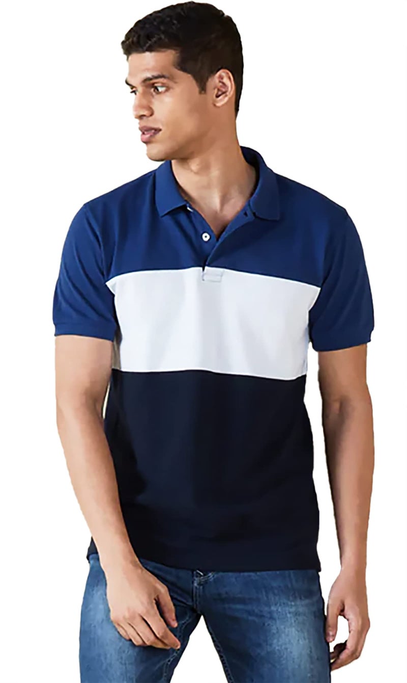LEOTUDE Men's Regular Fit Polo Neck T-Shirt (P12_Blue_WHT_P_Blue_L) - Image 1