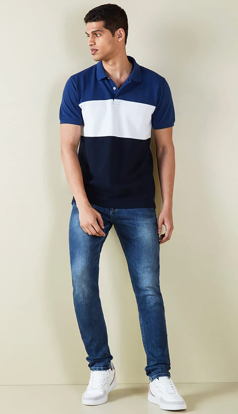 LEOTUDE Men's Regular Fit Polo Neck T-Shirt (P12_Blue_WHT_P_Blue_L) - Image 3